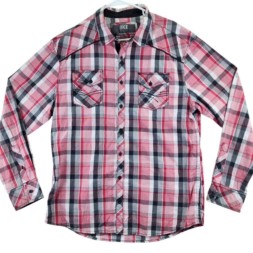 BKE Athletic Fit Plaid Button Down‎ Shirt Mens XL Red Black Casual Western Rodeo